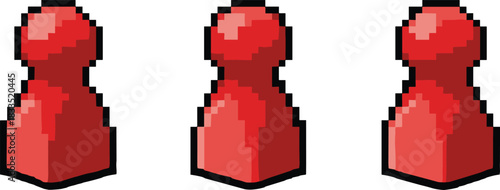 Red pixel game pieces, board game pawns, digital art style, rounded top, wide base, vector icons, isolated sketch set