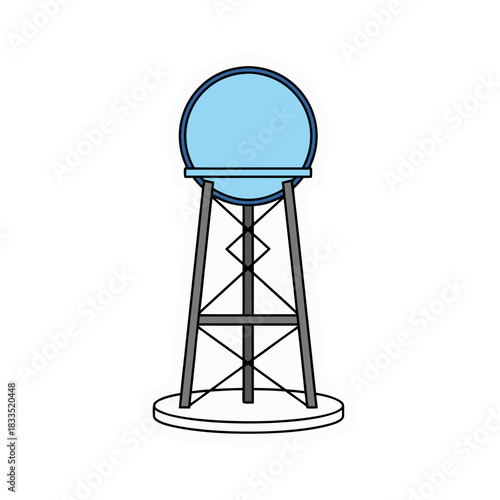 Minimalist Vector Art of a Light Blue Water Tower with Gray Supports on a White Circular Base Isolated on a Black Background