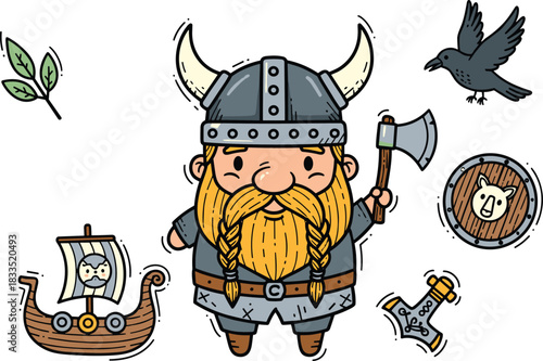Viking cartoon illustration, Norse mythology theme, horned helmet warrior, battle axe, Viking ship, raven, shield, Mjölnir, playful design