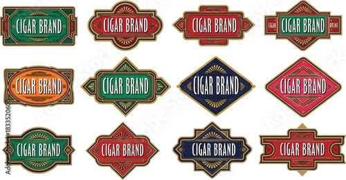 Vintage cigar label badge set with decorative frames, retro tobacco packaging emblems, ornate branding templates and classic luxury design elements