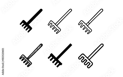 Set of garden rake line art icons in different styles