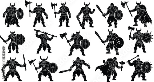 Viking warrior silhouette set, black Norse fighters, battle poses, medieval weapons, horned helmets, fantasy character design, combat, historical clipart