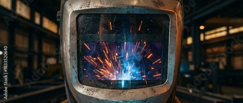 Protective welder mask reflecting bright sparks in industrial manufacturing workshop