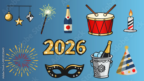 New Year Celebration Elements in Festive Cartoon Style for 2026 Party