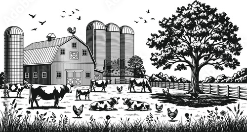 Vintage farm landscape scene with cows barn silos and tree, rural countryside illustration in engraved style, cad drawing flat vector illustration