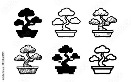 Diverse bonsai tree art styles: sketch, pixel, and bold silhouettes