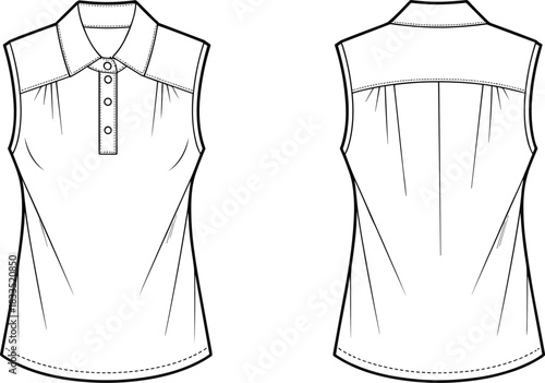 Sleeveless blouse technical sketch, front and back views, collared button design, dart shaping, fashion flat vector illustration