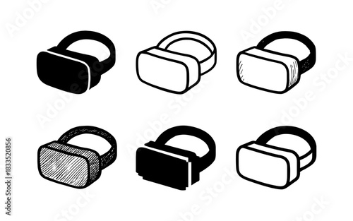 Hand-drawn virtual reality headset designs in black and white sketch style