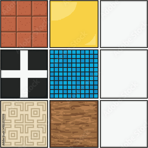 Texture grid puzzle, pattern recognition tiles, red brick, glossy yellow, mosaic, wood, logic challenge, vector design, visual matrix