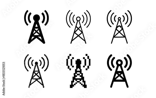 Set of wireless signal tower icons in silhouette and pixel art styles