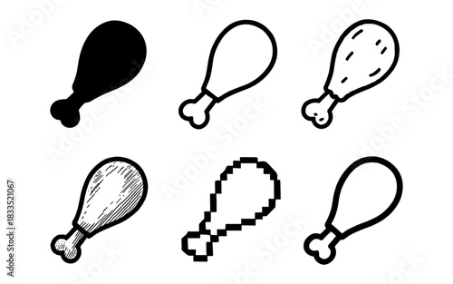 Variety of chicken drumstick icons in different artistic styles