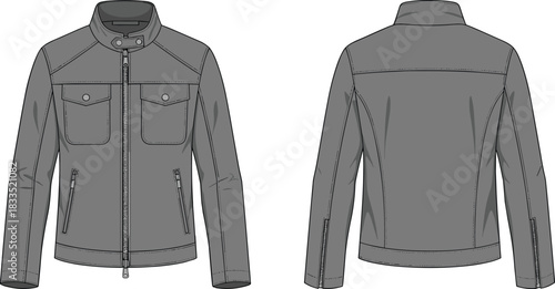 Technical jacket illustration, front and back views, stand-up collar, zipper pockets, seam details, fashion sketch, vector garment design