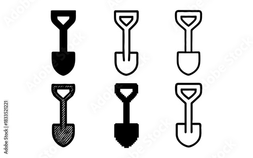 Set of shovel icons: linear, outline, and pixel styles for gardening tools