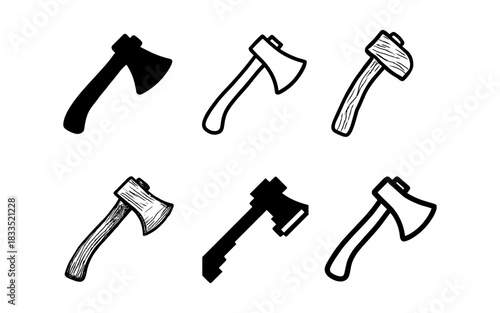 Diverse styles of axe designs: minimalist, pixel, and hand-drawn interpretations