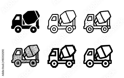 Diverse mixer truck icon set in outline and sketch styles