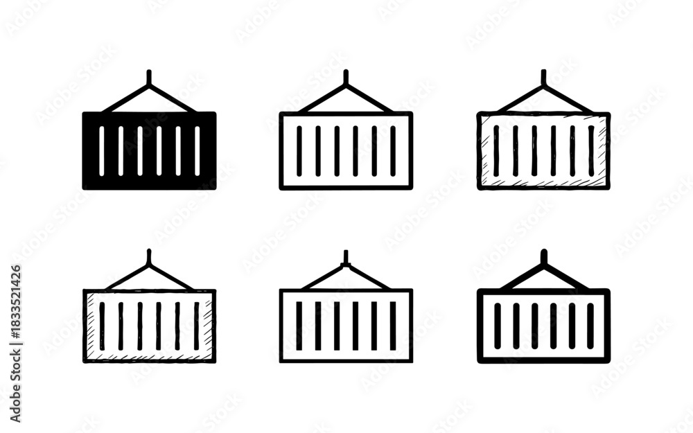Fototapeta premium Set of cargo container icons in various styles: silhouette, line art, sketch variations