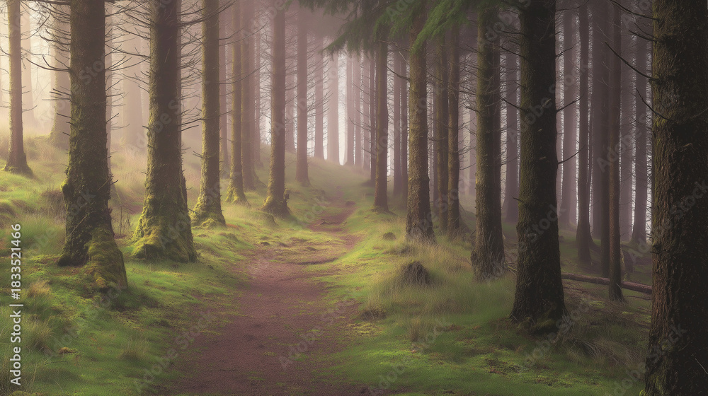 Naklejka premium vanishing. Misty forest path with straight tree trunks leading into the distant fog. travel magazines, destination branding, designed for travel destination branding, used by event planners.