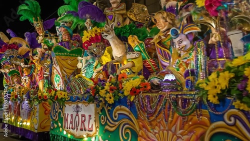 A brightly colored Mardi Gras parade float adorned with numerous figures flowers and beads at night