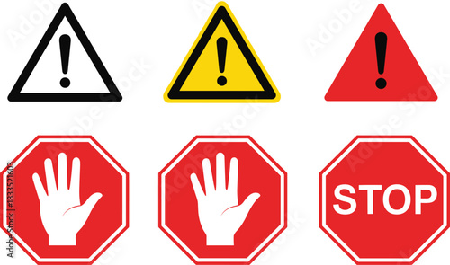 Warning and stop sign illustration set, exclamation and hand symbols, triangle and octagon shapes, safety icon vector grid