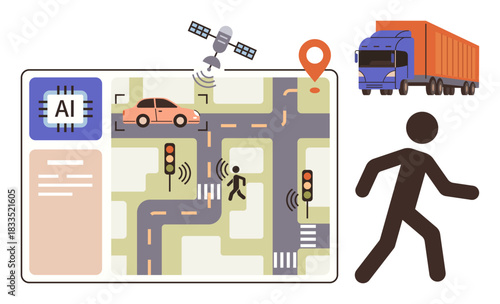 Autonomous cars and trucks navigating streets using AI, GPS, and sensors. Pedestrian crossings and traffic signals highlight road safety. Ideal for urban mobility, AI, smart cities, automation