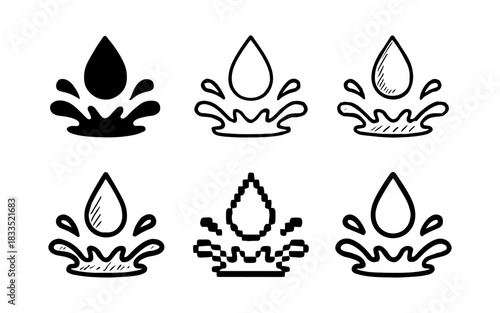 Diverse water droplet designs: flat, linear, pixel art, and more
