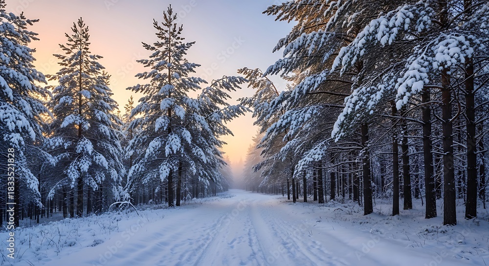 Fototapeta premium Snowy Forest Path at Sunrise - A Winter Wonderland Scene.