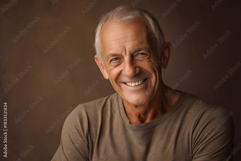 Obraz premium Smiling elderly man posing in front of a brown background with a charming expression