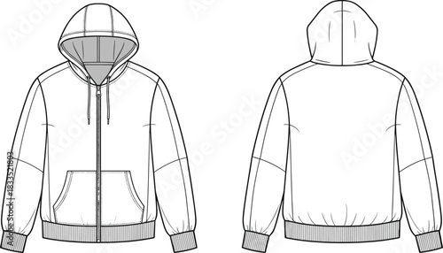 Zip-up hoodie technical sketch, kangaroo pocket, drawstring hood, ribbed cuffs and hem, front and back views, fashion vector design