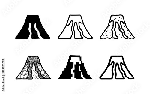 Six unique volcano icons in linear and pixel art styles