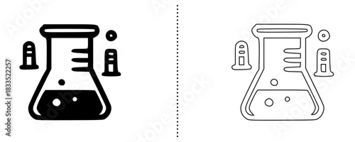 Chemistry Lab Beaker Icon – Science Flask Symbol with Liquid, Bubbles, and Test Tubes for Education, Research, Experiment, and Laboratory UI Designs
