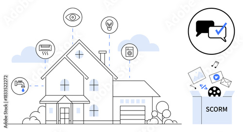 Modern house linked to smart features thumbs up security, lighting, and devices with SCORM elements. Ideal for e-learning, technology, home automation, data management, IoT integration