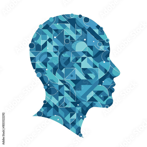 A blue geometric illustration of a human head in profile, composed of various shapes and patterns, against a clean white background.