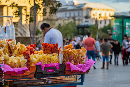 Traditional Mexican snack cart in historic center during sunset