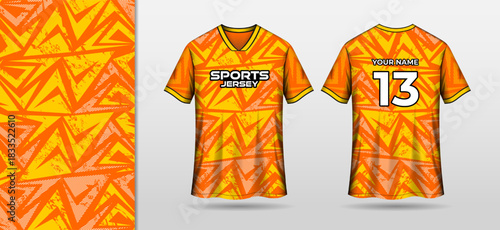 Sport jersey template mockup with orange abstract background