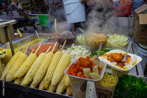 Street food stall with hot vegetable servings in Guadalajara, Mexico