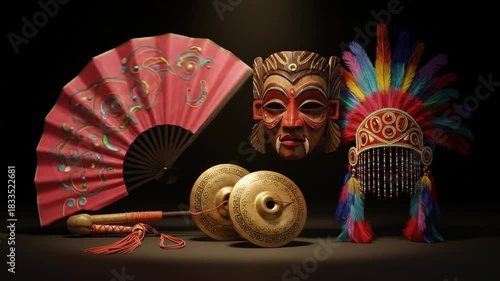 A collection of cultural artifacts including a red fan wooden mask feathered headdress and brass cymbals