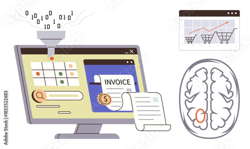 Binary funneling into a computer, invoice management, shopping analytics, and brain cognition. Ideal for AI, automation, analytics, fintech cognitive tech machine learning data visualization. A