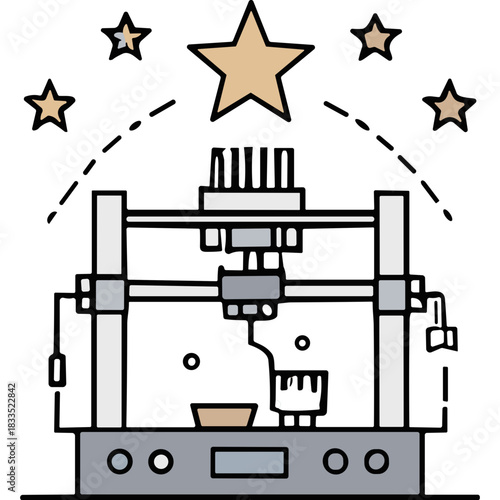 Modern 3D Printer Machine illuminated by Starlight on a Deep Black Background symbolizing innovation and futuristic technology with elegant design and artistic flair