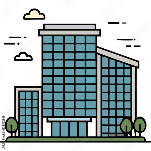 Modern Blue Glass Office Building Exterior with Green Trees Clouds and Sky Illustration