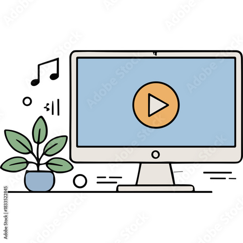 Modern Computer Monitor Displaying a Bright Orange Play Button Icon on a Light Blue Screen with a Potted Plant and Musical Notes Nearby Minimalist Digital Art Style