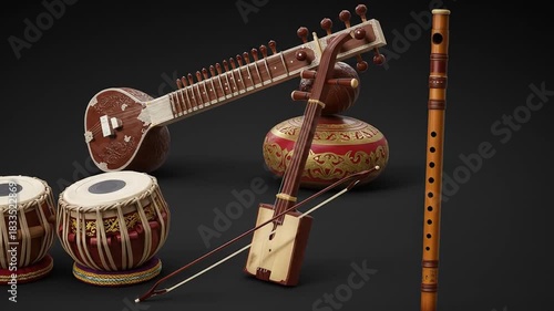 A collection of Indian musical instruments displayed against a dark background