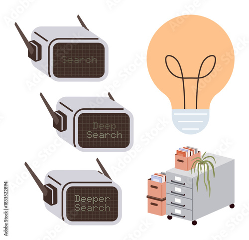 Three search devices display progression of search depth, a glowing lightbulb suggesting innovation, and a file cabinet with folders. Ideal for data analysis, research, innovation, discovery