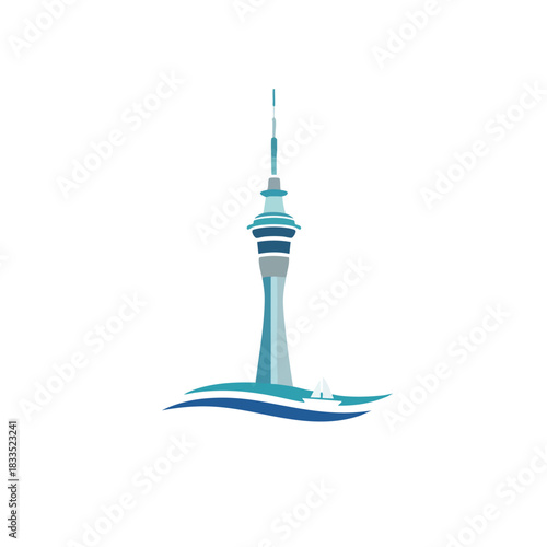 Minimal 2D icon of Auckland featuring a stylized Sky Tower