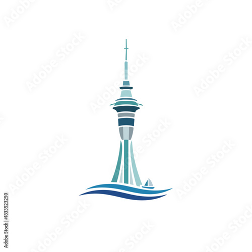 Minimal 2D icon of Auckland featuring a stylized Sky Tower
