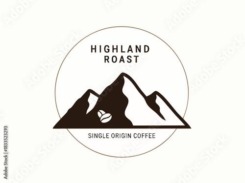 Highland Roast Coffee Emblem with Mountain Illustration for Branding