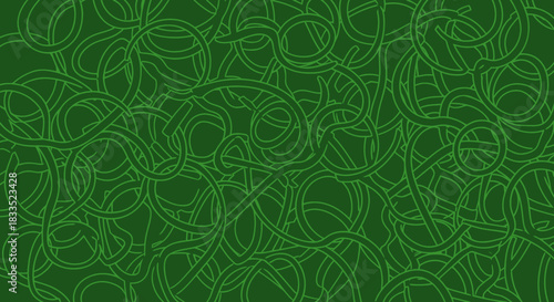 Dense green pattern of tangled lines and circular shapes