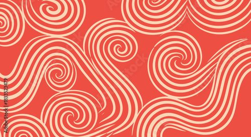 Cream spirals on a coral background create an abstract fluid pattern