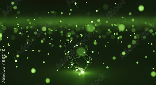 Luminous green particle swirls and bokeh effect, a digital elegance