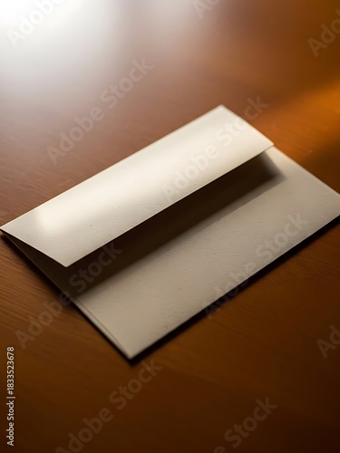 Subtle light on an opened neutral envelope sitting on wooden desk
