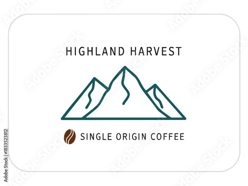 Highland Harvest Single Origin Coffee Logo Design with Mountain Peaks